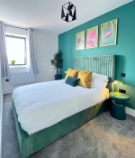 King size velvet bed with hybrid memory foam mattress.