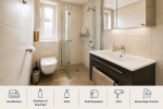Bathroom with walk-in shower - Towels, Shampoo, Bodywash, Soap, Toilet paper, Hair dryer