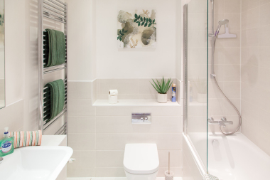 Master bathroom - green theme / towels, plant, canvas