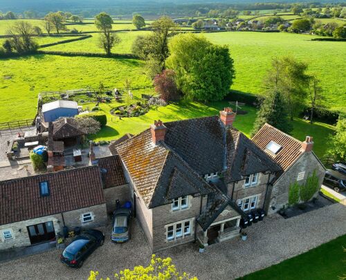 Drone Shot Of Edwardian Farmhouse, Garden & Distant Fields