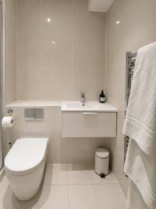 A stylish and spotless bathroom featuring modern fittings, fresh towels, and all the essentials for a relaxing and refreshing stay.