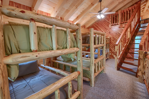 3 non-private Bunk sets in Open Loft, Loft Level, looking toward Upper Loft stairs