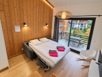 Salon avec canapé-lit double, idéal pour accueillir confortablement deux adultes pour un séjour relaxant.
