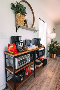 Coffee/Microwave/Microwave/Toaster Oven/Crockpot Shelf, from left -Nova Cottage