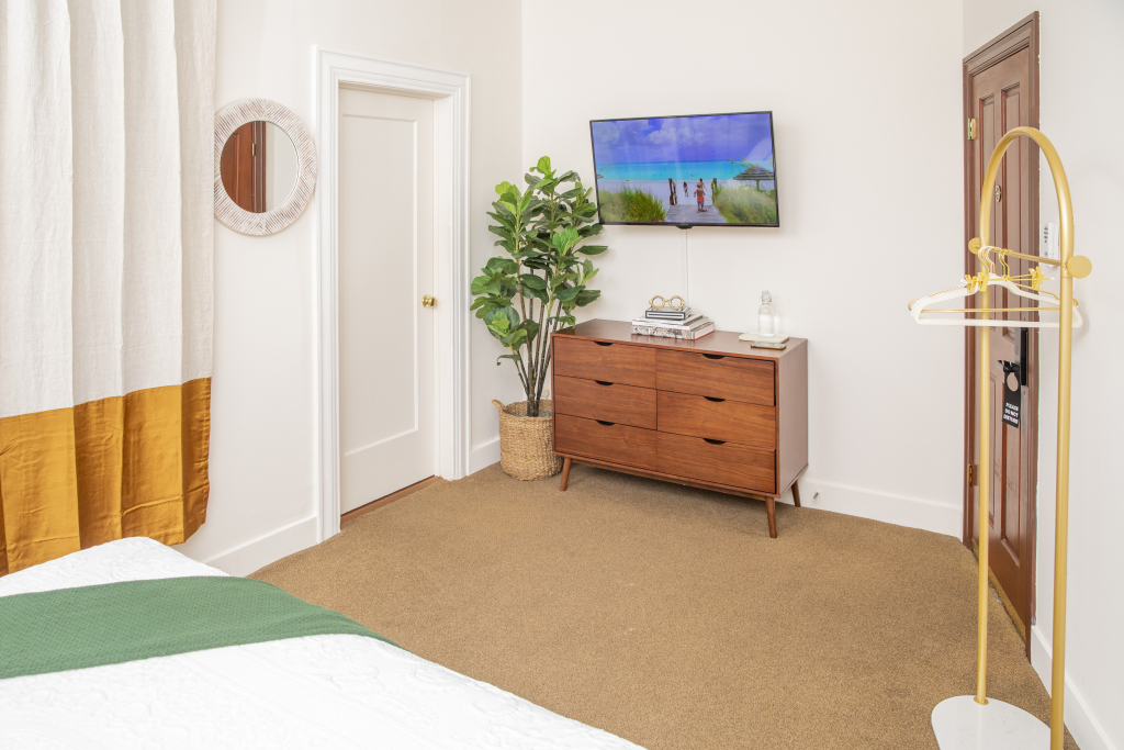 A hotel room with a bed, dresser, TV, and plant.
