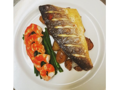 Seabass and King Prawns in a spicy Tomato Salsa