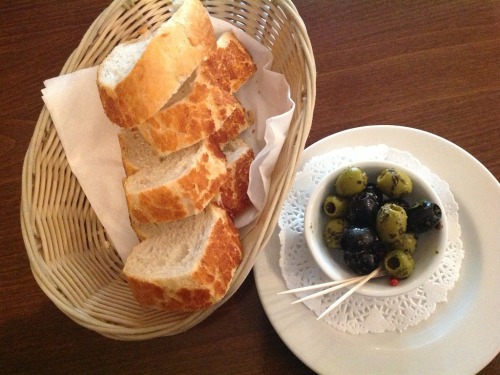 Complementary bread and olives
