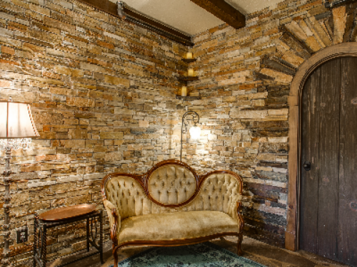European Antique Sofa in Olde Rose Suite with custom stone interior