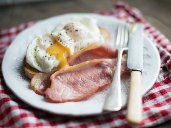 Classic poached eggs and bacon.