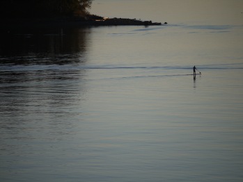 Paddle boarder in front of the Retreat property on a calm November day