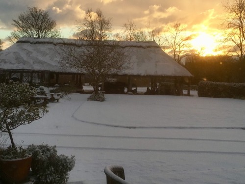 Sunrise over open thatched barn