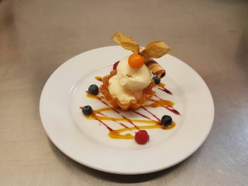 Brandy Snap Basket filled with a choice of Welsh made ice creams.