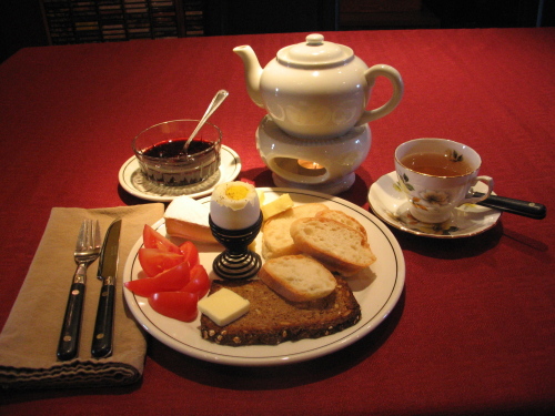 Breakfast at the B&B - bread, toast, boiled egg, cheese, jam