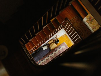 Looking down the stairs to the lobby