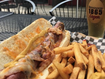 Try our giant all beef dog with our own Dominion 1865 lager