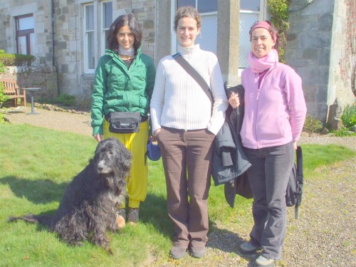 Laura, Maria and Aranta from Spain, with four-legged friend