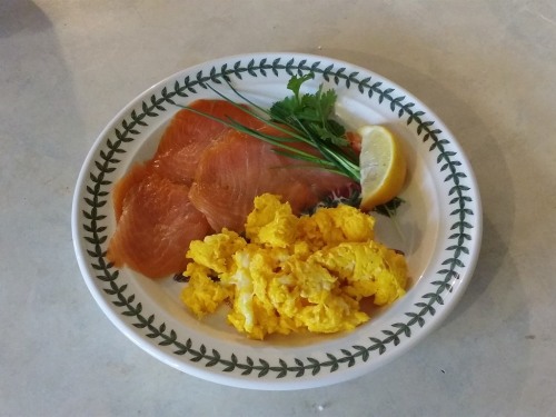 Smoked Salmon and our first scrambled Goose Egg!