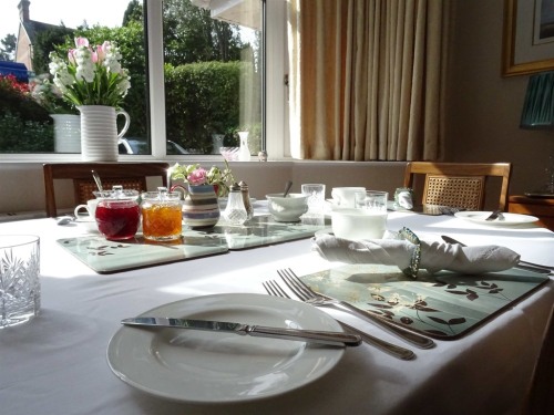 Delicious breakfast served around guest dining table.